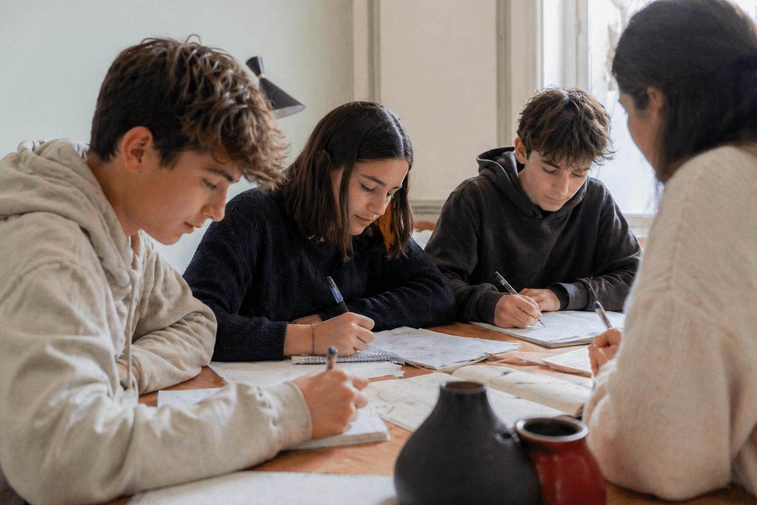 Trois élèves en cours de soutien scolaire en petit groupe à Paris